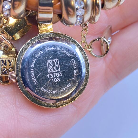 Signed NY&C Watch Charm Bracelet Heart Love Woven Brown Leather Gold Tone - 7" - Picture 8 of 10